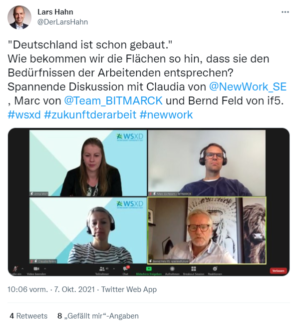 Tweet zur WSXD-Podiumsdiskussion Büro der Zukunft