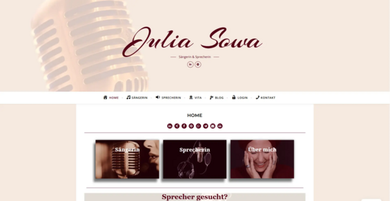 Julia Sowa: Selbstvermarktung als Sängerin und Sprecherin – reich an Arbeitsproben.