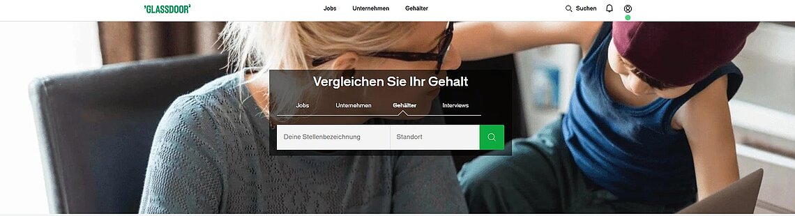 Eingabemaske von glassdoor zum Gehaltsvergleich nach Stellenbezeichnung und Standort