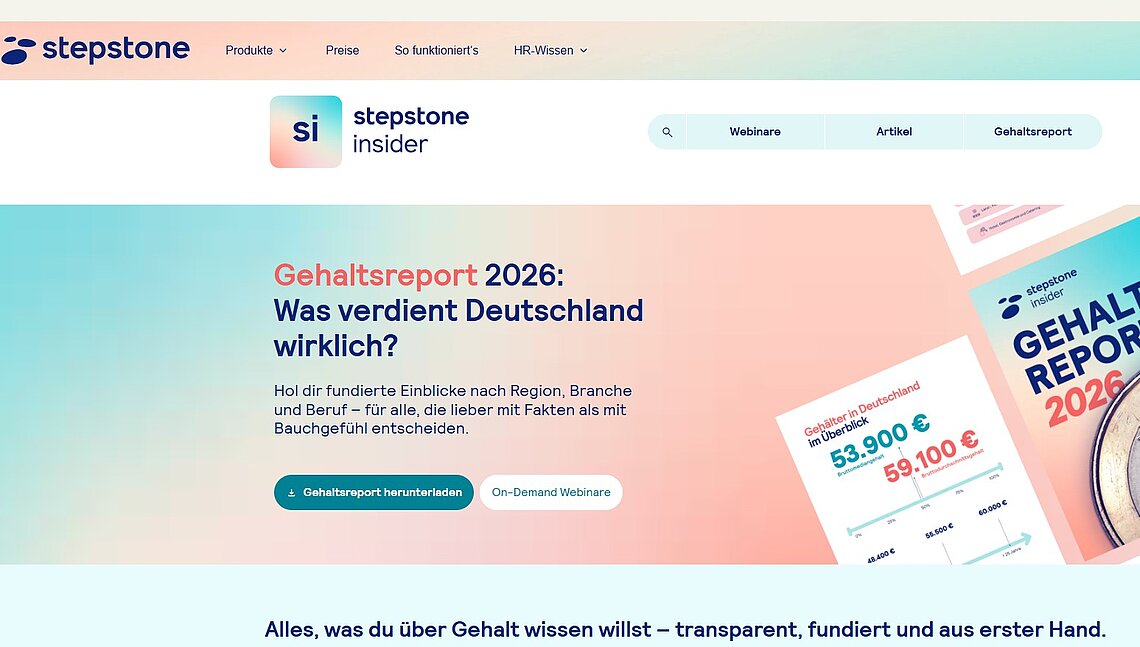 Internetseite von Stepstone mit Downloadmöglichkeit des Gehaltsreports 2026